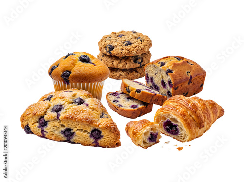 Foto A delightful assortment of blueberry baked goods, featuring cookies, muffins, scones, loaf cake, and croissants
