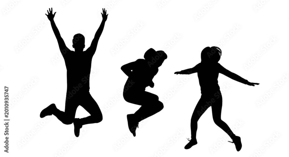 Fototapeta premium Three silhouettes jumping with joy isolated on transparent background, Vector
