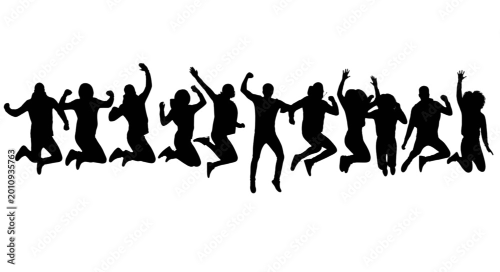 Obraz premium Silhouette people jumping together happily isolated on transparent background, Vector