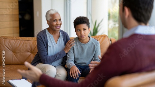 Protective grandmother acting as primary caregiver supporting her grandson during a positive progress review with a child psychologist.