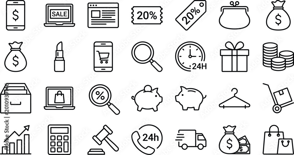 Fototapeta premium Set of black and white line featuring shopping and finance symbols including money bags piggy banks laptops with sale screens magnifying glasses gift boxes calculators and delivery trucks
