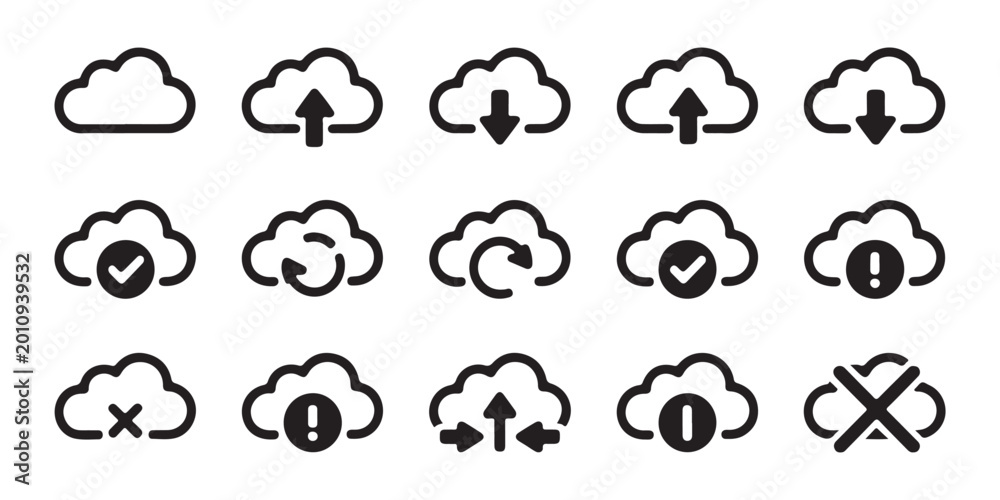 Obraz premium Cloud synchronization and file transfer icons set with arrows and marks for web interface design use.