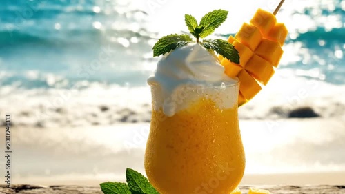 Refreshing Mango Smoothie Drink with Whipped Cream and Mint on a Tropical Beach