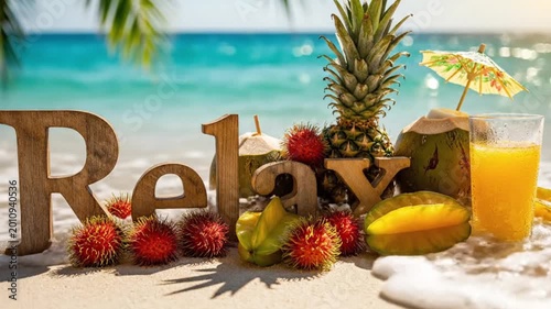Relaxation Beach Setup with Tropical Fruits, Wooden Letters, and Blue Ocean Waves