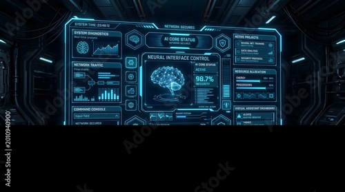 AI Neural Interface Display with System Status and Data Analysis