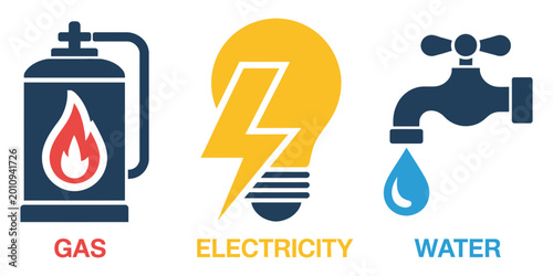 Utility Supply Icon Set for Gas, Water, and Electricity Services, Editable Vector Symbols Collection for Energy Industry, Infrastructure Apps, Billing Systems, and Web Design
