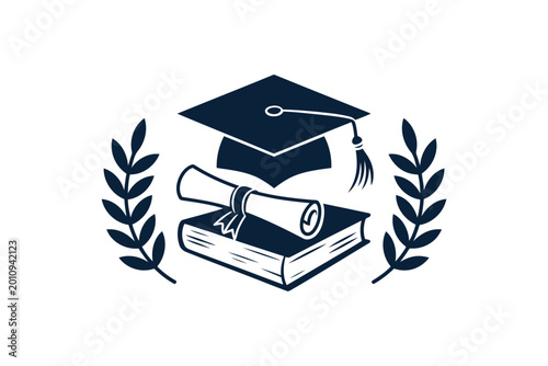 Black and white graduation cap and diploma on book with laurel branches
