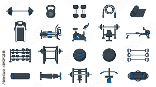 Foto Collection of modern gym equipment icons for fitness and exercise