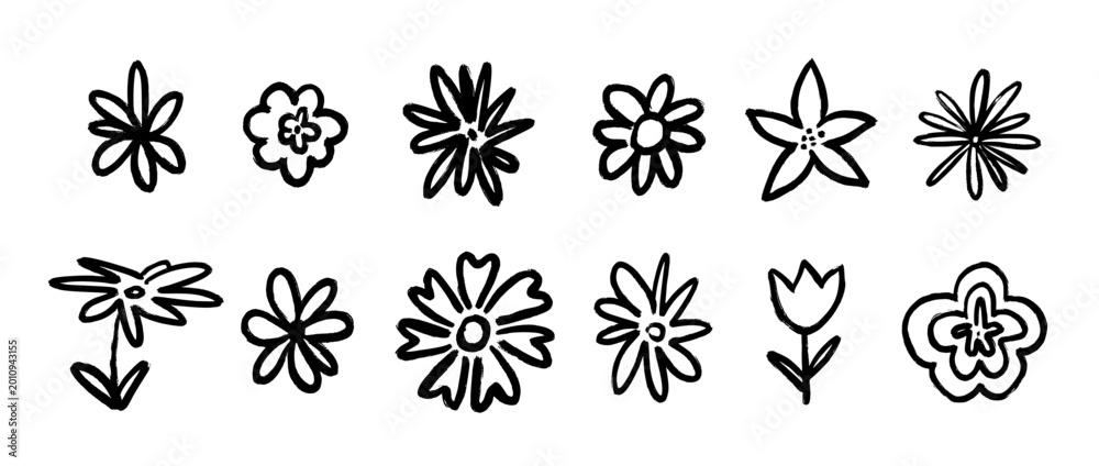 Naklejka premium Hand drawn doodle flowers set. Black brush stroke flower drawing collection. Naive crayon floral sketch bundle. Kid pastel or chalk scribble elements. Spring and summer kindergarten pack. Vector