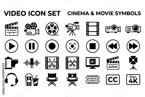 Foto Video icon set of cinema and movie symbols, black linear film production graphic