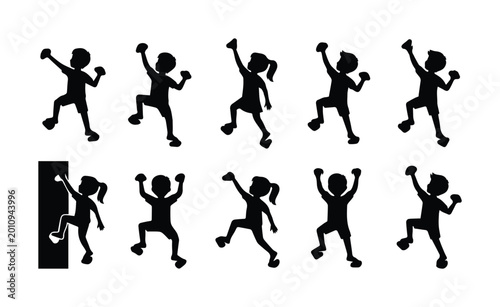 Photos Rock climbing children silhouettes, 10 vector icons of kids bouldering and wall