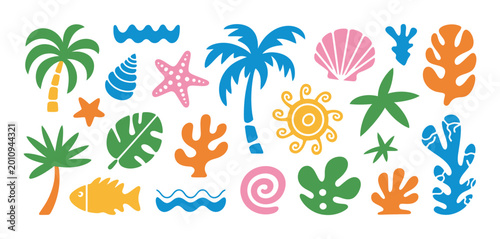 Schilderij op canvas Abstract sea ocean vacation elements in modern wavy groovy naive style, vintage trendy template design, fluid shapes, summer beach theme, bold colorful vector, high quality professional detailed