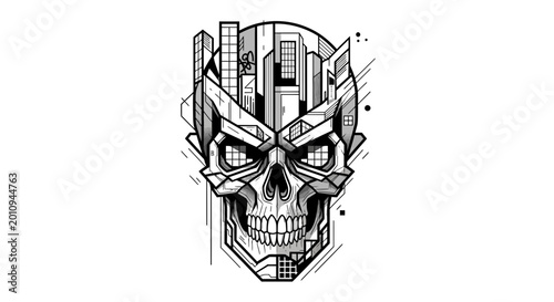Tableau sur toile Urban Skull Art: Cityscape Incorporated into a Stylized Skull Illustration