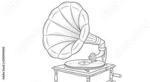 Vintage Gramophone Drawing, Retro Music Player, Antique Phonograph Illustration