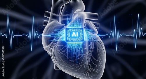 Human heart connected to AI chip with heartbeat artificial intelligence technology cardiology