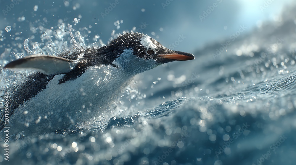 Obraz premium Flying Penguin Splash / 飛び散る水とペンギン