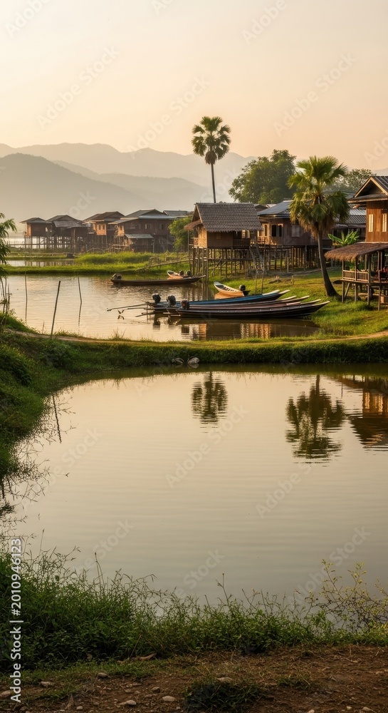 Fototapeta premium Scenic Village by the Lake at Sunrise with Reflections.