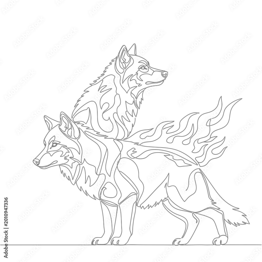 Fototapeta premium Mystical Wolf Duo Line Art with Fiery Aura