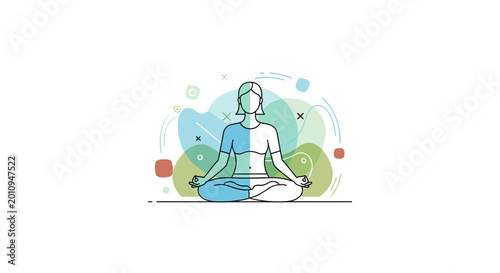 Fotografija A woman in a meditative pose, symbolizing inner peace and mindfulness, surrounded by abstract colorful shapes