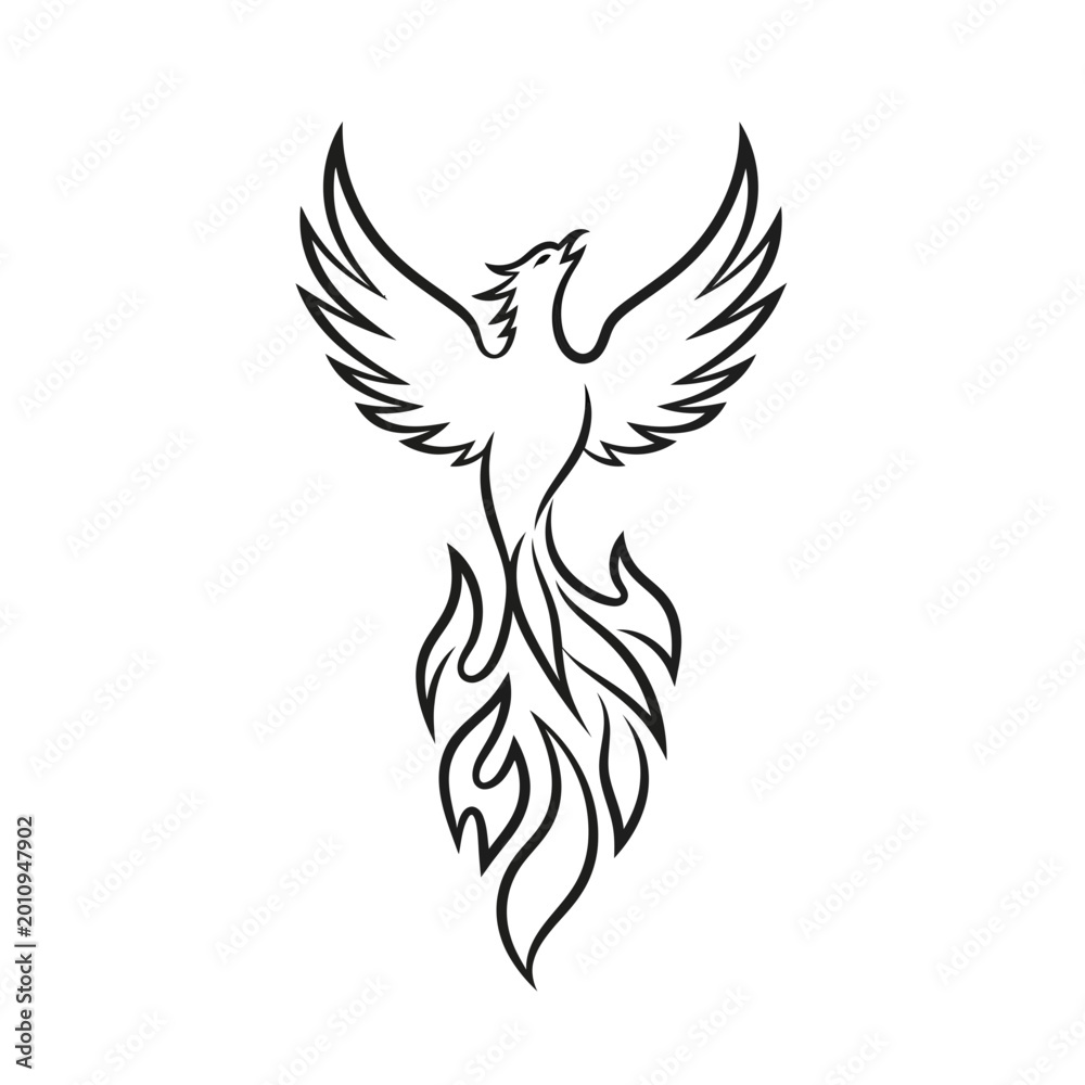 Obraz premium Phoenix bird rising from flames, mythical creature, vector art