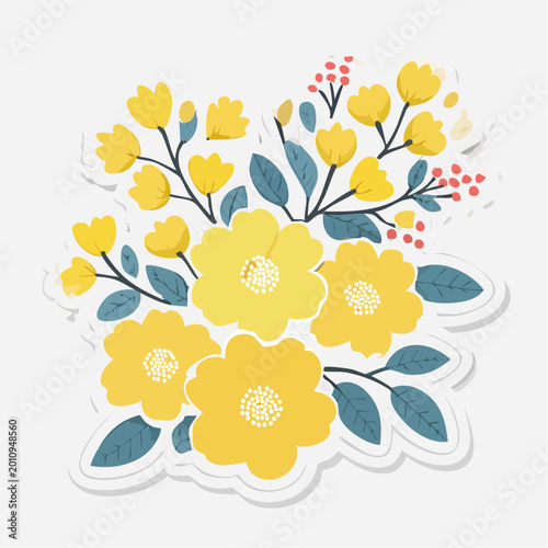 Yellow Floral Bouquet Sticker with Blue Leaves
