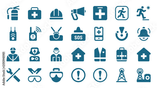 Tableau sur toile Emergency preparedness and safety icons representing rescue equipment, survival