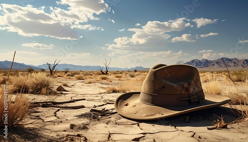 Abandoned cowboy hat on cracked earth.
