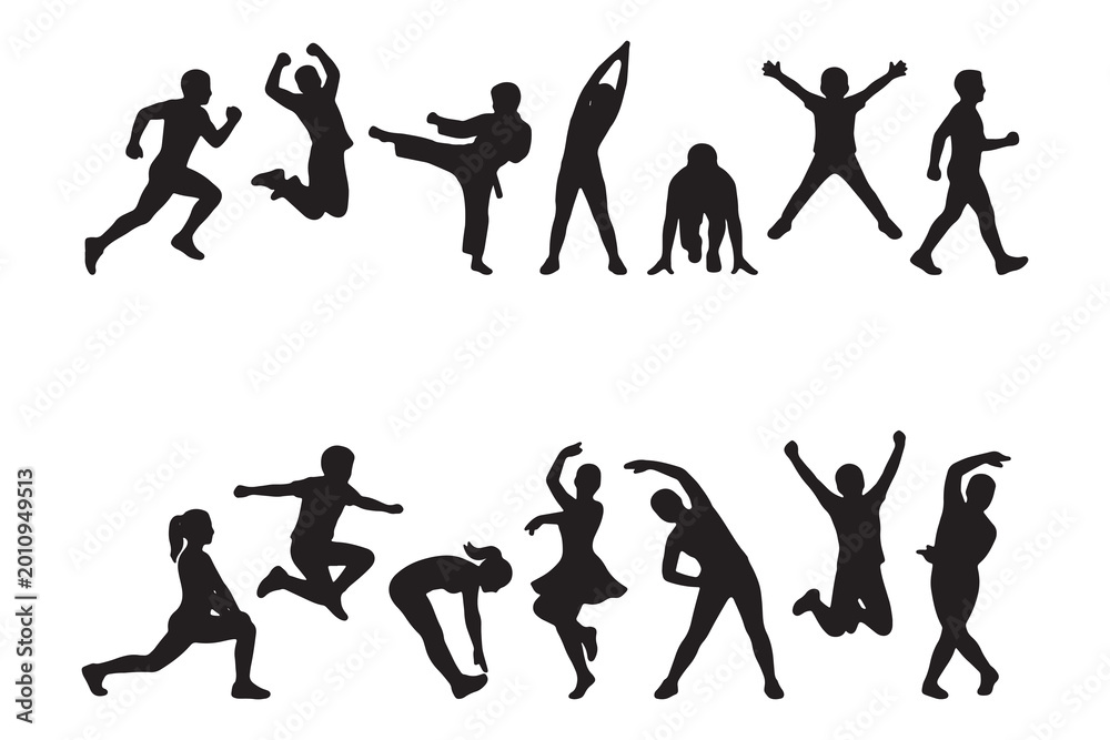 Fototapeta premium Set of diverse human silhouettes performing various dynamic physical activities