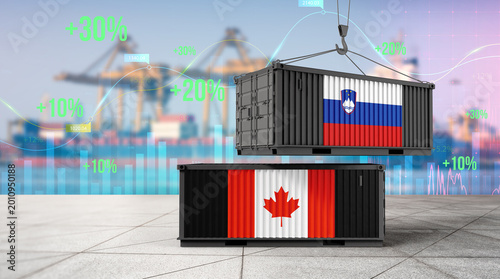 Canvas Print Global Trade Harmony: Two shipping containers, adorned with national flags, are suspended mid-air above a bustling harbor, symbolizing international trade, cooperation and economic exchange