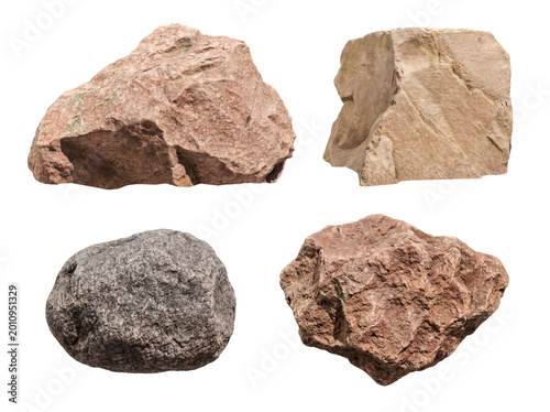 Fotografie Diverse collection of four distinct natural rocks in various shapes, textures, and earthy colors