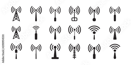 Foto Collection of radio tower and antenna icons with radiating waves, symbolizing telecommunication infrastructure