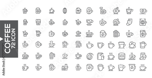 Tableau sur toile Coffee Icons Galore: A comprehensive set of 72 coffee icons in a sleek, minimalist style, perfect for any cafe, coffee shop, or beverage-related project