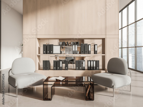 Modern office interior showing lounge chairs, glass table, wooden shelving on light background, concept of workspace organization, 3D Rendering