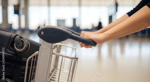 A close-up view of a traveler's hands pushing a luggage cart through a brightly lit, modern airport terminal, ready for departure or arrival.