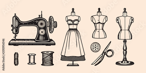 Foto vintage sewing equipment including dressmaking mannequins and accessories