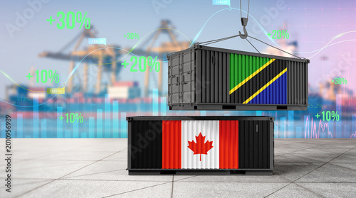 Fotografie Global Trade: Symbolic representation of international trade, showcasing cargo containers adorned with national flags, symbolizing global commerce, economic exchange and cooperation