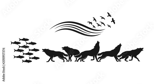Fotografia Wolf Pack Howling with Flying Birds and School of Fish Silhouette Design