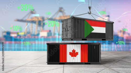 Tableau sur toile Trade Containers: Flags of two nations adorn shipping containers in a vibrant display of international trade, set against the backdrop of a bustling port