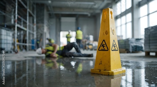 Construction worker slips and falls on wet floor at building site, yellow caution sign warns of danger