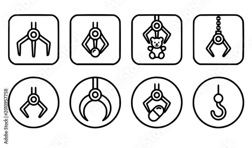 Foto Crane claw machine UI icon set vector grabber and gripper symbols for arcade app