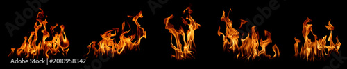Obraz na plátně Collection of realistic fire flames isolated on black background, blazing fire e
