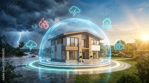Modern home protected by a transparent dome from natural disasters and threats, symbolizing security and insurance.