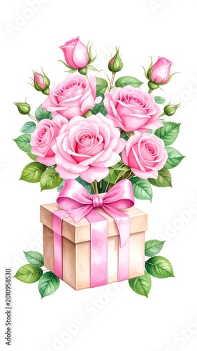 Watercolor illustration of pink roses and buds arranged with green leaves, tied with a pink bow on a gift box