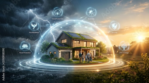 Modern sustainable home protected by a glowing shield against flood, fire, and lightning, symbolizing comprehensive security and life coverage.