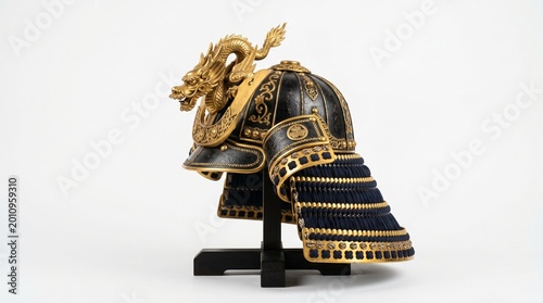 Traditional Japanese samurai helmet with ornate design isolated on white background, showcasing historical craftsmanship and warrior culture.