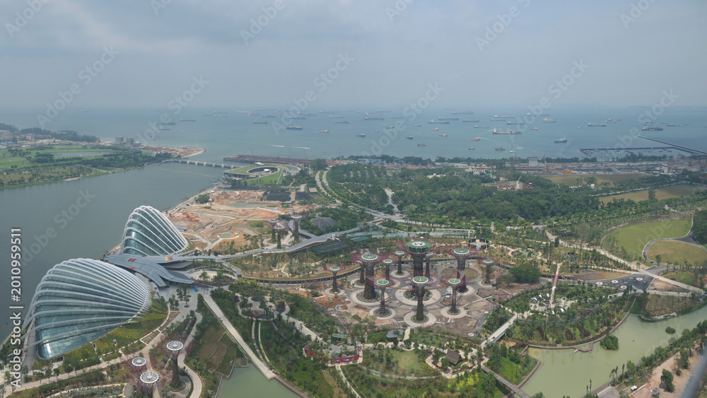 Εκτύπωση καμβά Many ships moored on Singapore roadstead aerial panoramic view