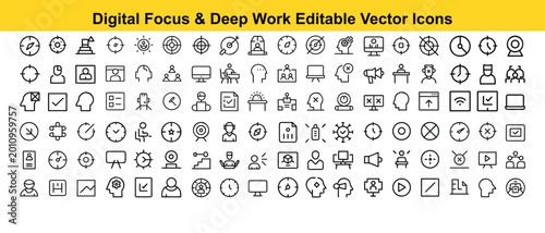 Quadro em tela An array of digital focus and deep work icons, perfect for representing productivity, technology, and various design elements, creating a visually appealing and organized layout