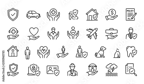 Bild auf Leinwand Minimal insurance thin line icon collection with life health car home policy and