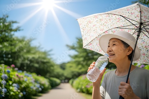 強い日差しの中で日傘をさし水分補給をする高齢女性の熱中症と脱水症状への注意喚起イメージ（AI生成）