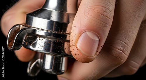 A close-up shot of a human hand gripping a metal portafilter, covered in fine coffee grounds, preparing for an espresso shot.